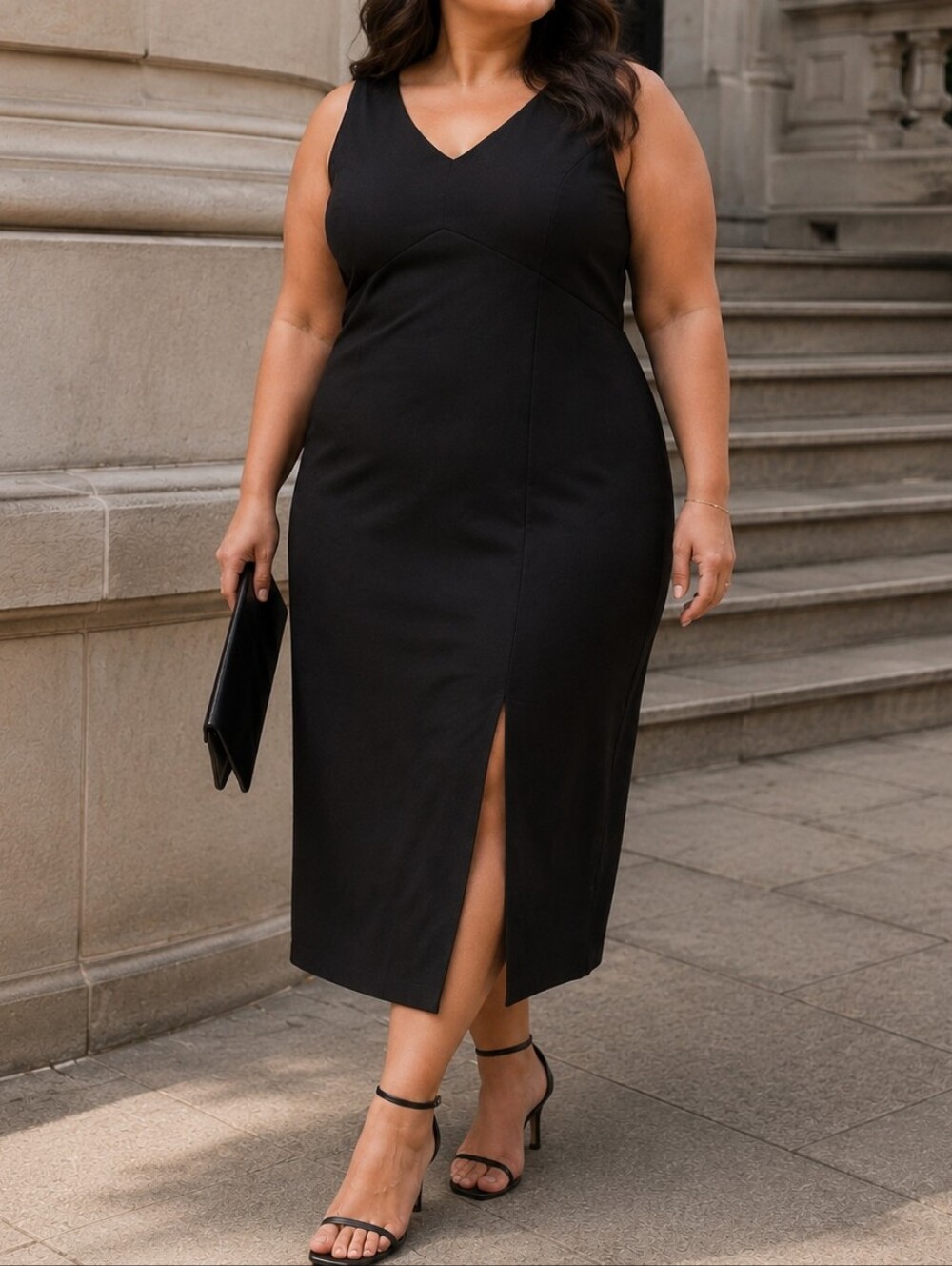 NWT Ricki's Elegant Black V-Neck Midi Sheath Dress Front Slit Classic Cocktail